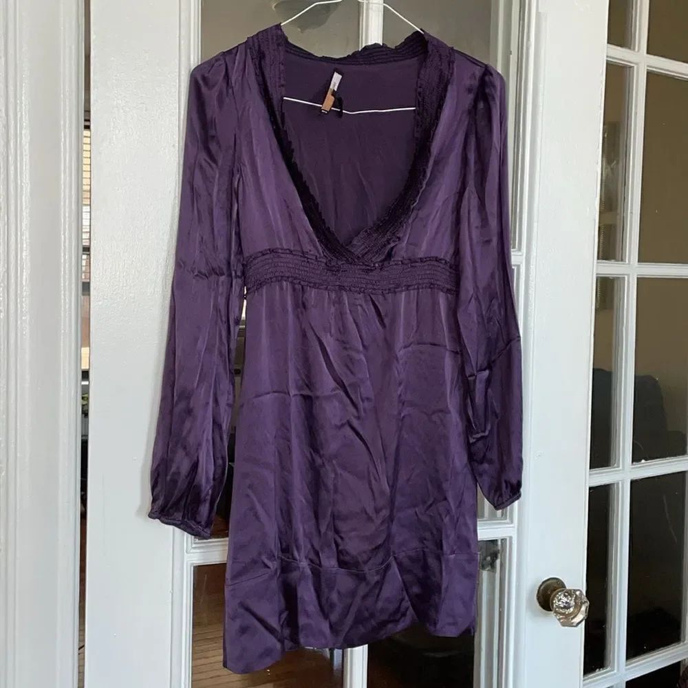 BCBG MaxAzaria Y2K royal purple empire long sleeve mini silk dress baby doll
